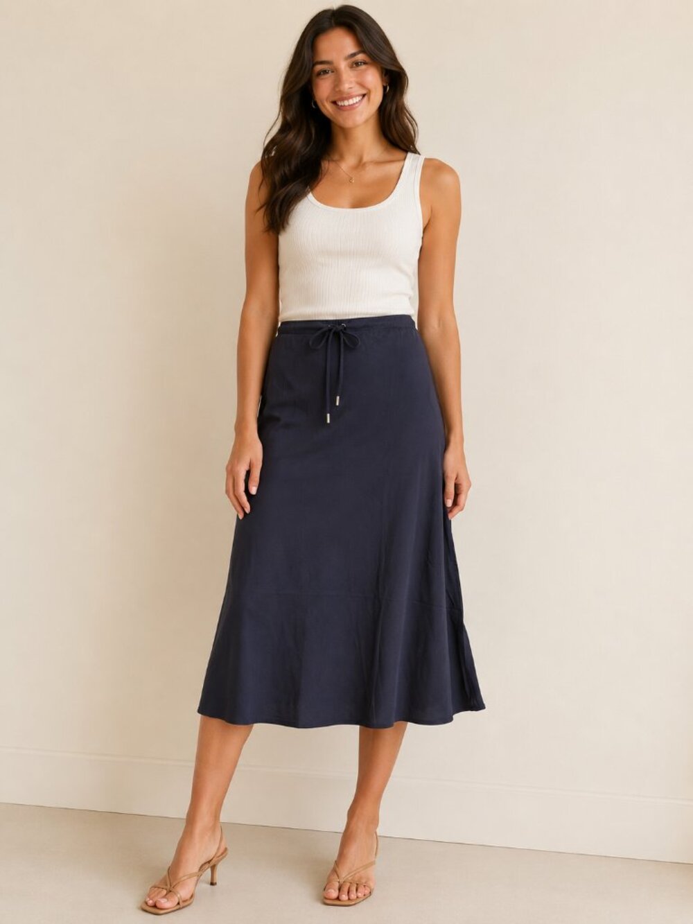 Madewell Lara Navy Blue Stretch Drawstring Waist Satin Midi Skirt 14 NWT